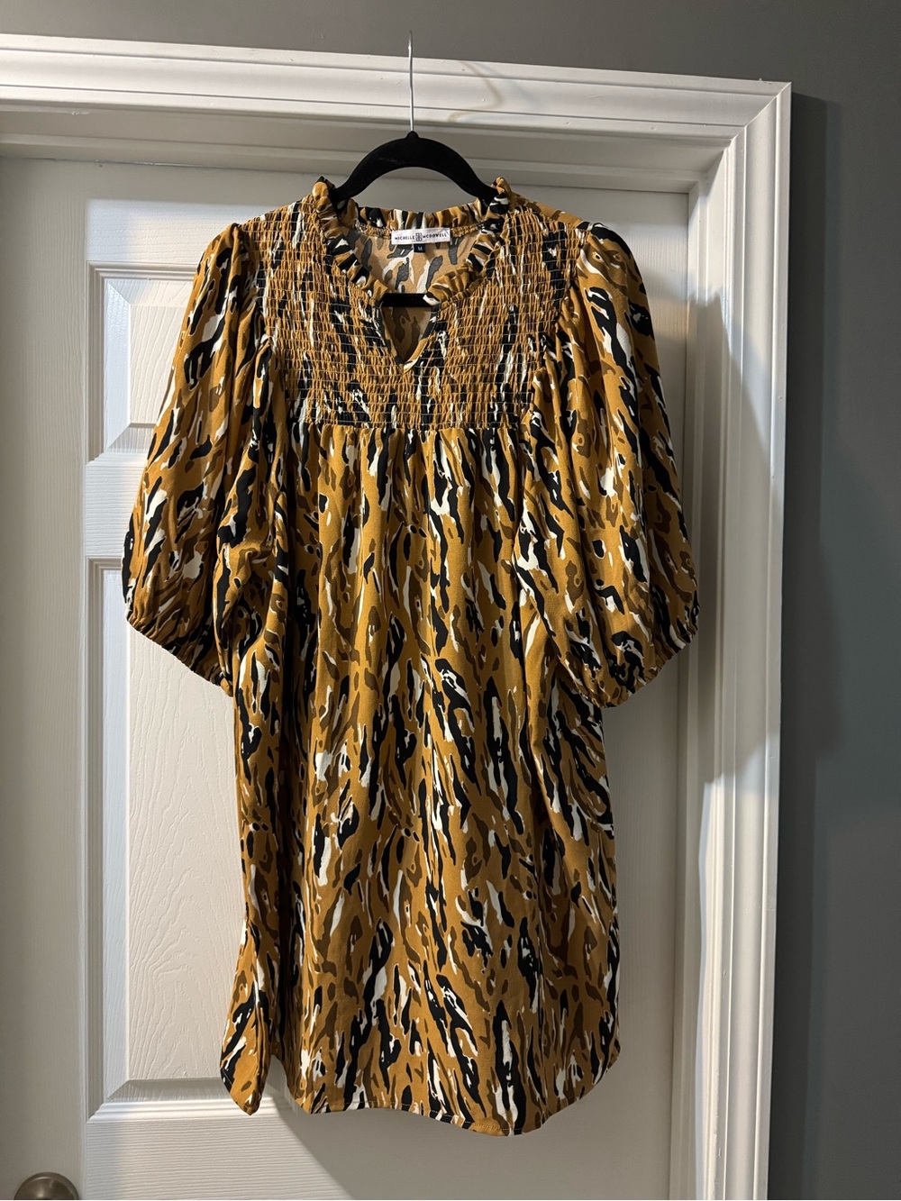 Smocked Yoke Tunic Dress in Mustard Animal Print